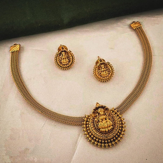 Goddess Lakshmi Temple Jewellery Set | Matte Gold Finish Chain Locket & Stud Earrings. Bring Good Fortune Home! 💰